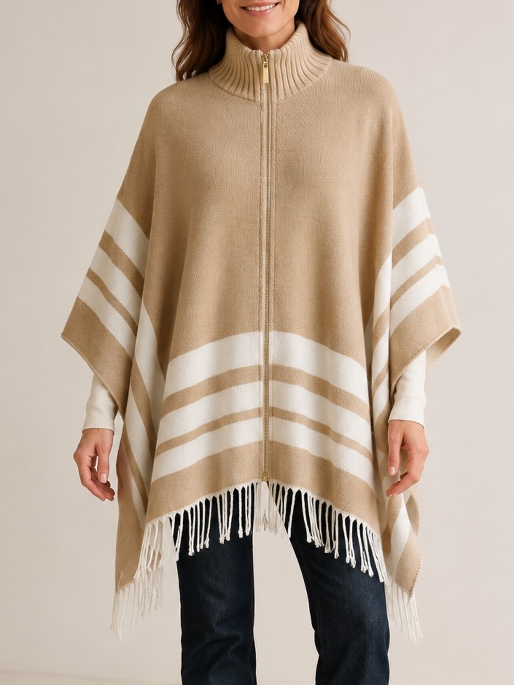 Marc New York Ivory Tan Oversized Gold Zip Up Fringe Hem Poncho
